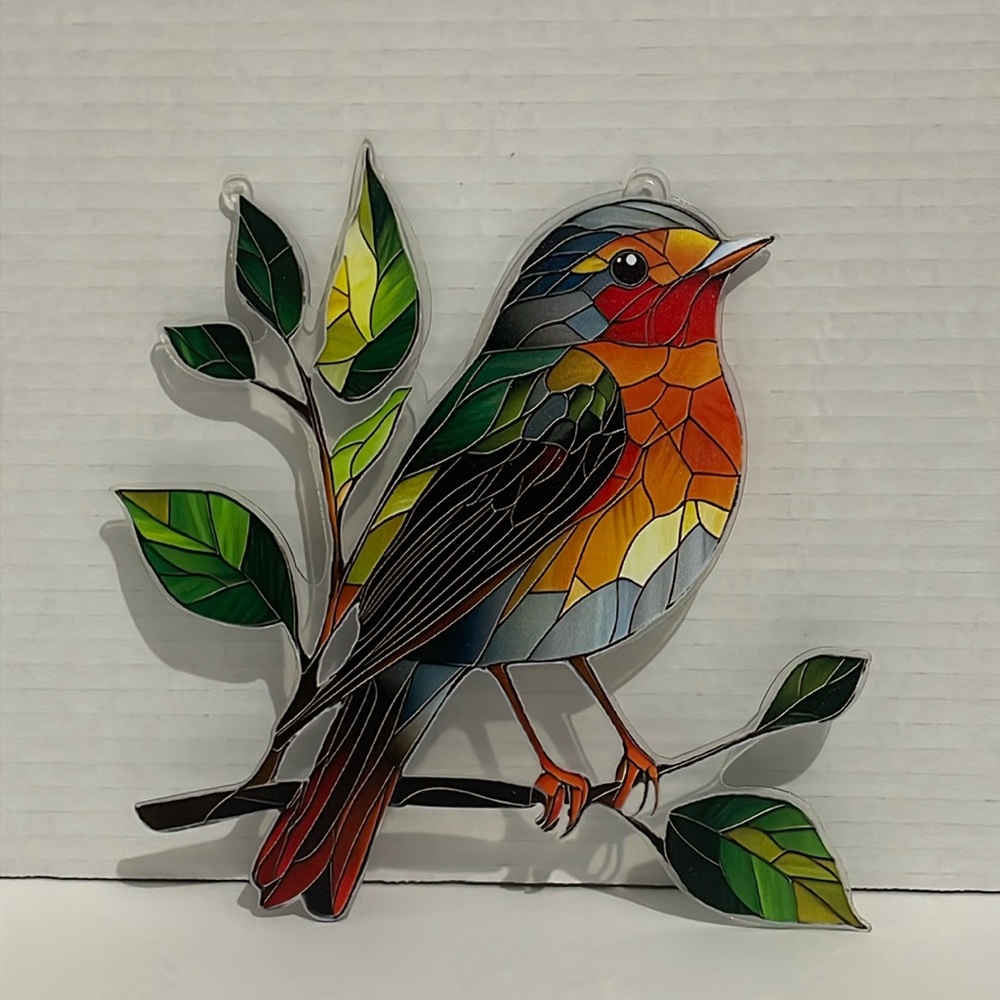 Suncatcher Acrylic Robin Bird Green Leaves Home Cabin Decoration New Gift